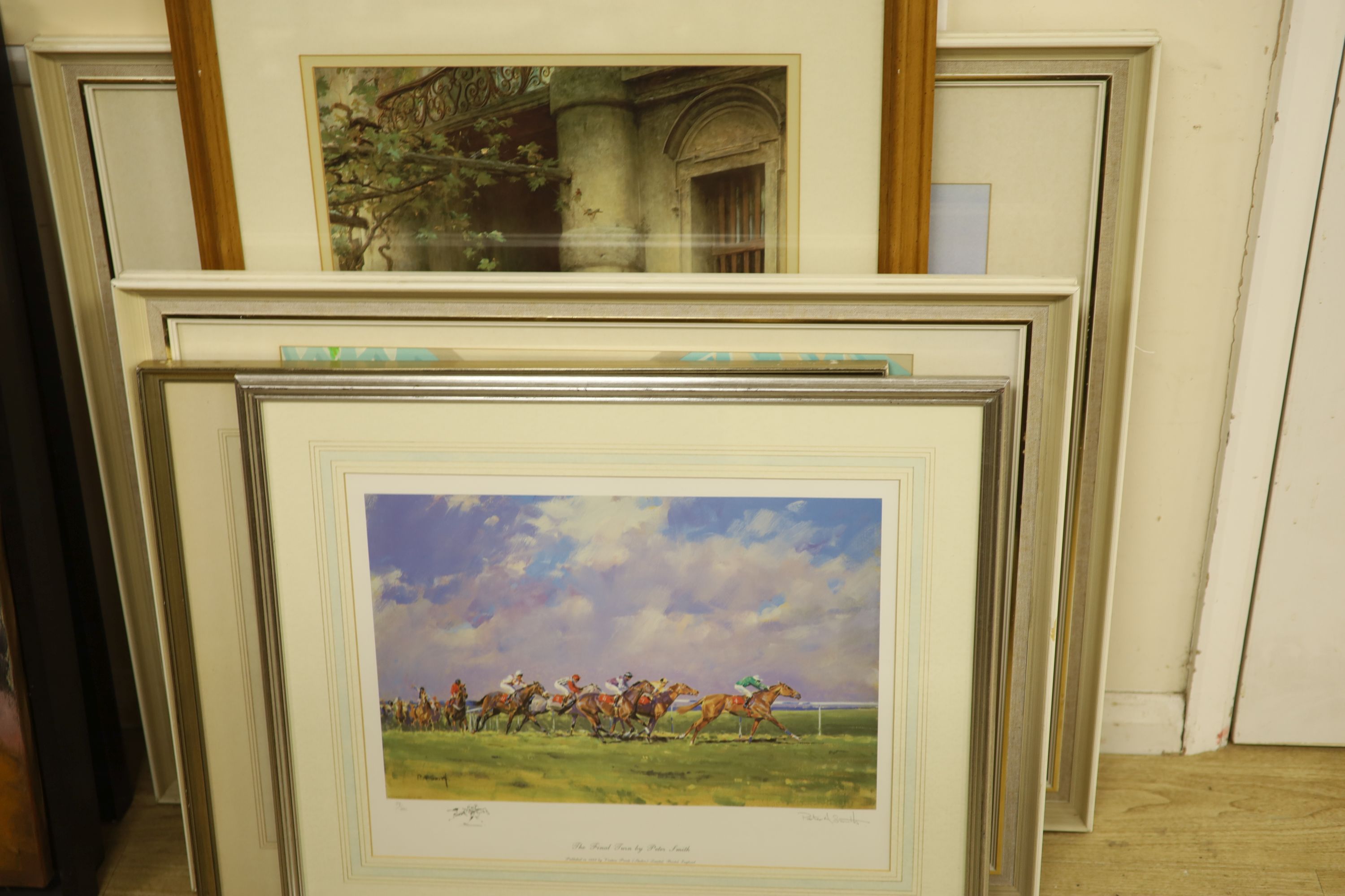 A group of pictures and prints, including a screenprint of the Cote D'Azur and horse racing subjects